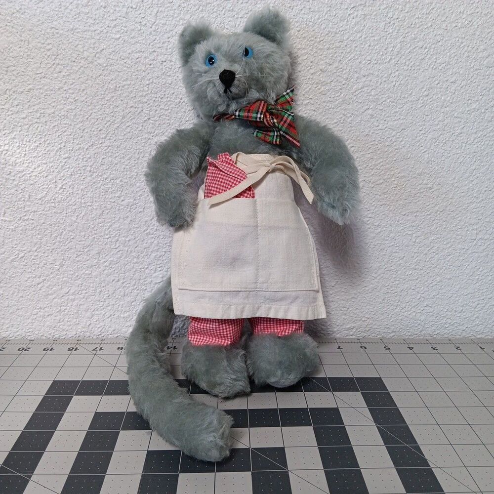 Handmade Cat Plush Standing with Apron Grey Kitty Stuffed Animal Cloth Bottom